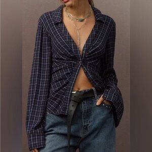 Anthropologie Pilcro Keaton Plaid Ruched Long Sleeve Collared Blouse Blue Sz S
